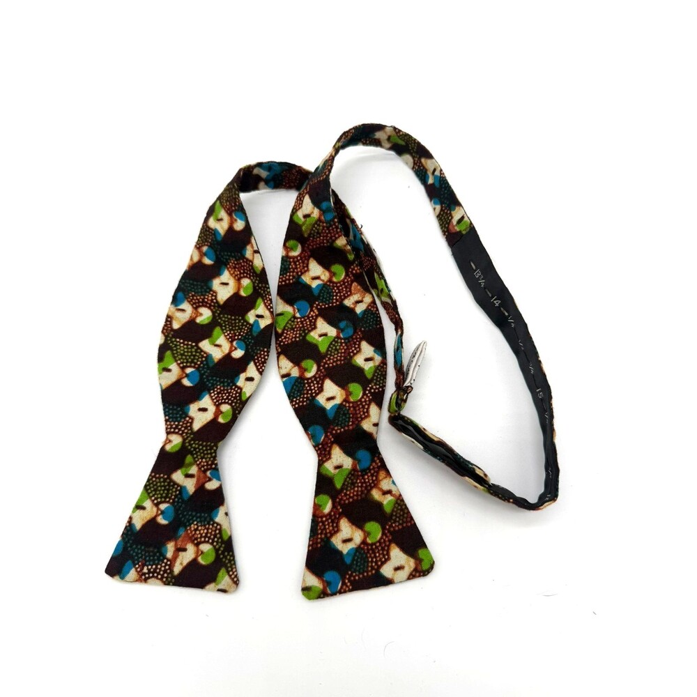 Lion's Thread Bow Tie Handmade in Uganda Cotton Abstract Geo Print Brown Blue